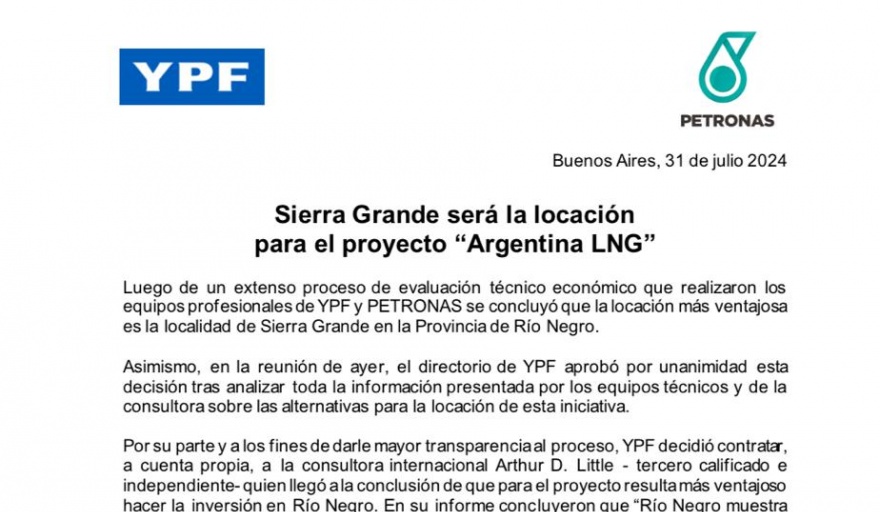 Ya es oficial: YPF y Petronas confirmaron que la Planta de GNL se hará en Sierra Grande
