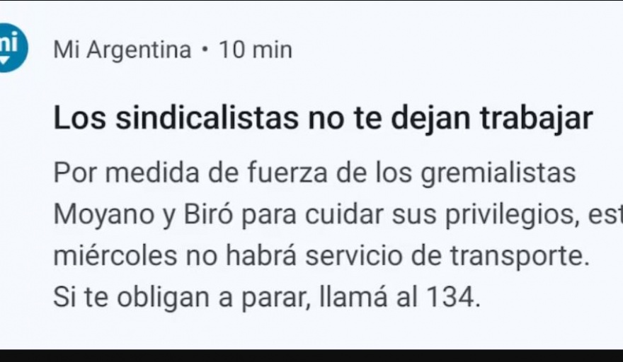 Insólita utilización de la aplicación Mi Argentina para rechazar el paro de transporte